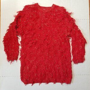 Vintage Carolina Colour Small Red & Gold Tunic‎ Sweater Fringe Knit Metallic